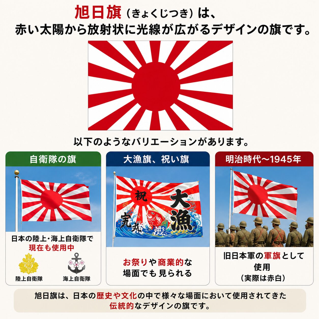 旭日旗にもいくつかのデザインのバリエーションがある