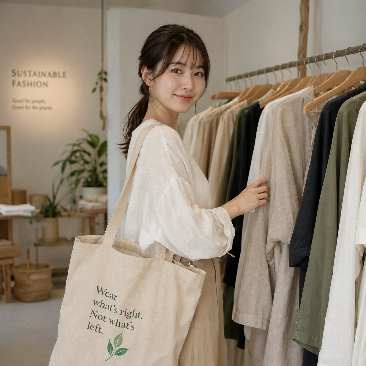 エシカルファッションを意識した清楚な服装の女性