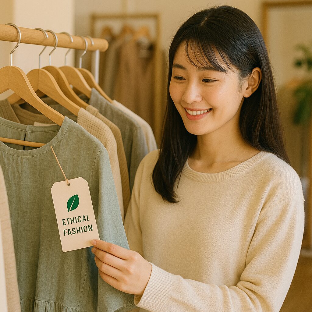 エシカルファッションの商品を店で選ぶ女性