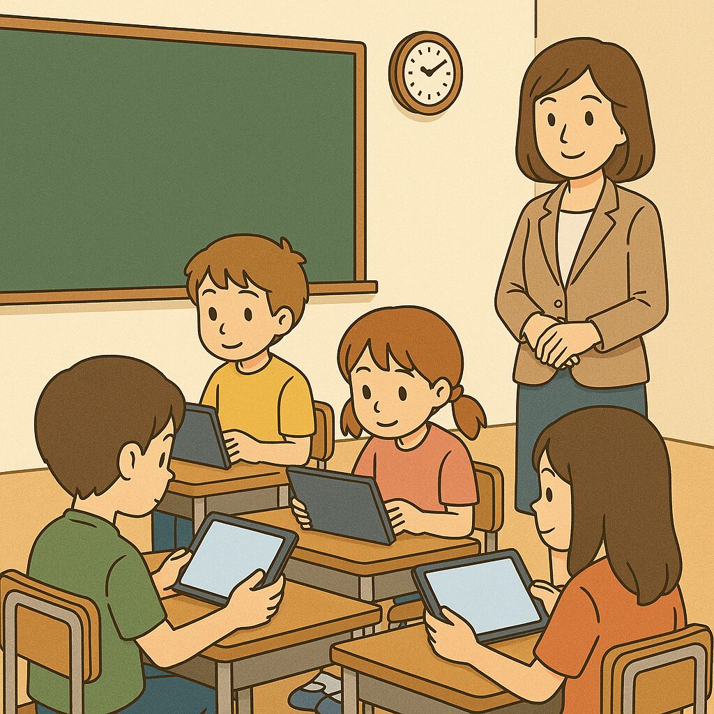 タブレットを使って授業を受ける児童