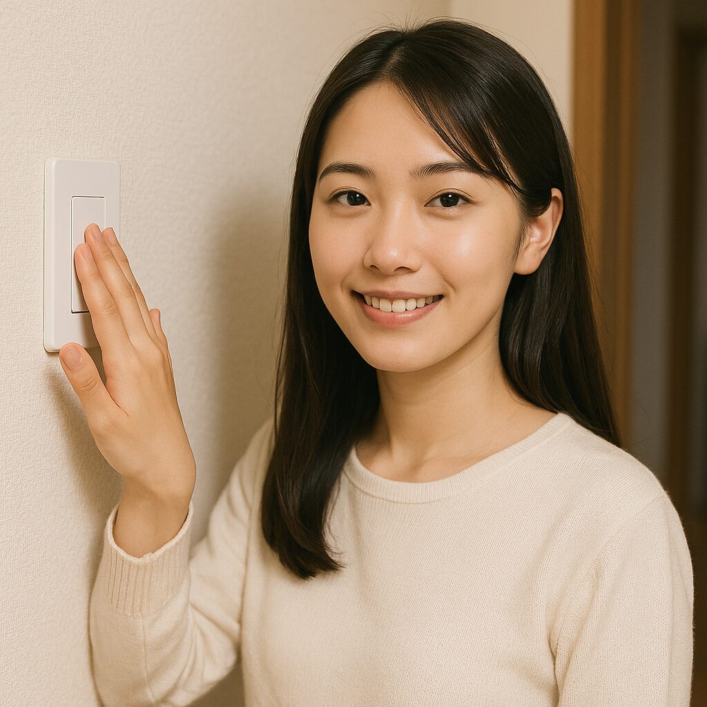 ユニバーサルデザインの聡明のスイッチを押す女性