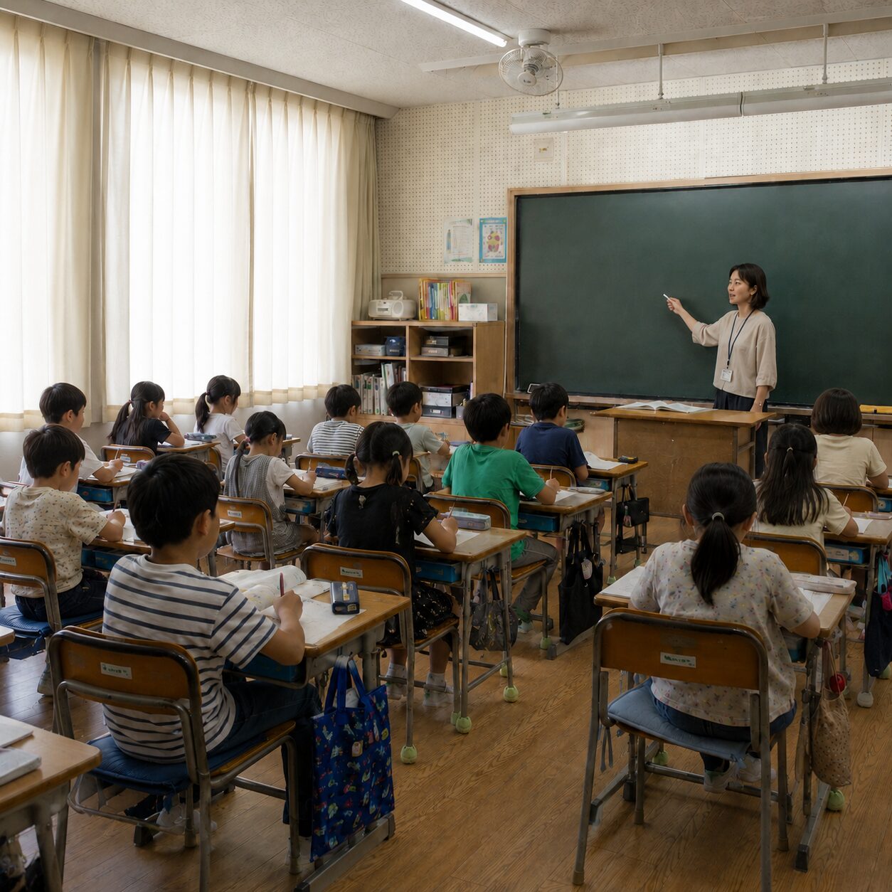 日差しを調整して黒板を見やすくする教室のカーテン