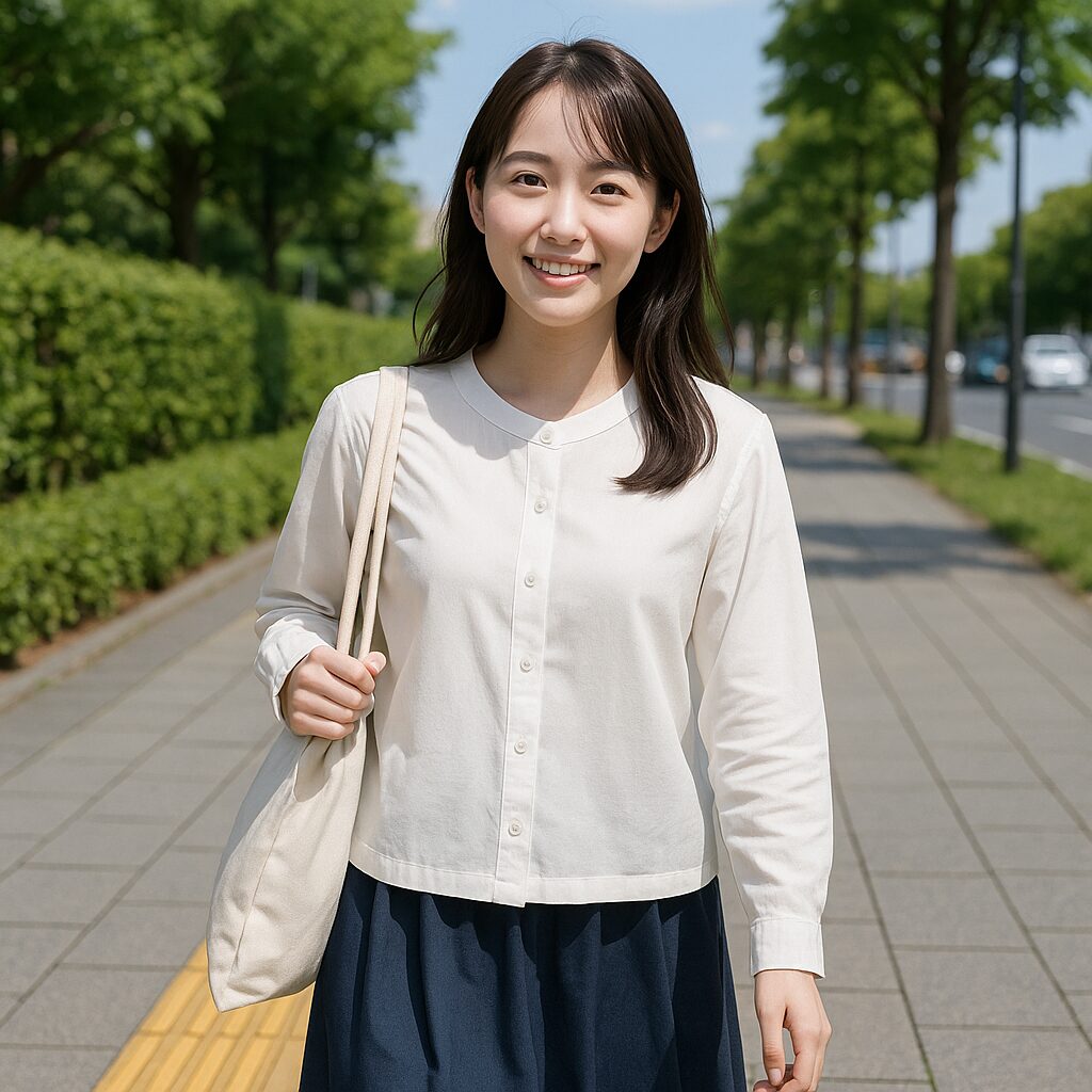 点字ブロックのある歩道を歩く女性