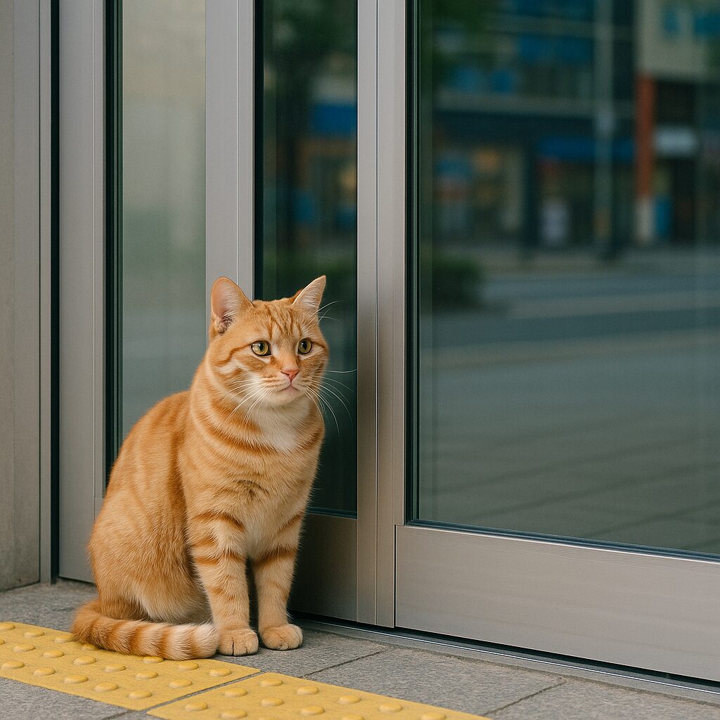 ユニバーサルデザインの自動ドアの前にいる猫