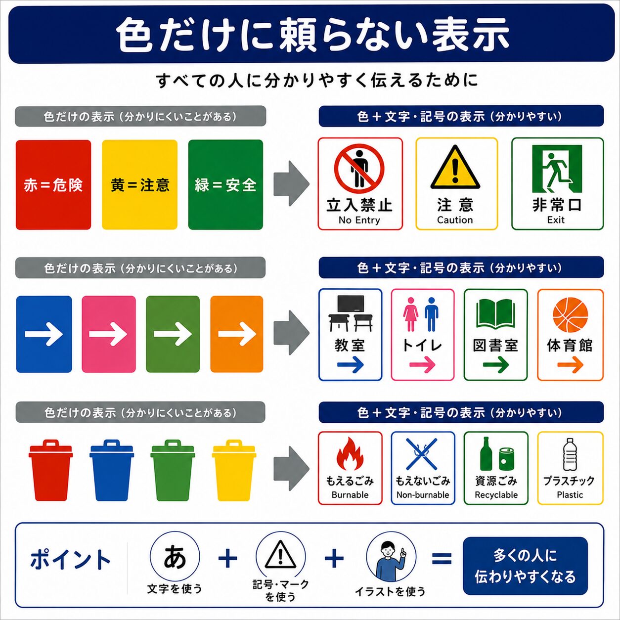 色だけでなく文字や記号も使った分かりやすい表示