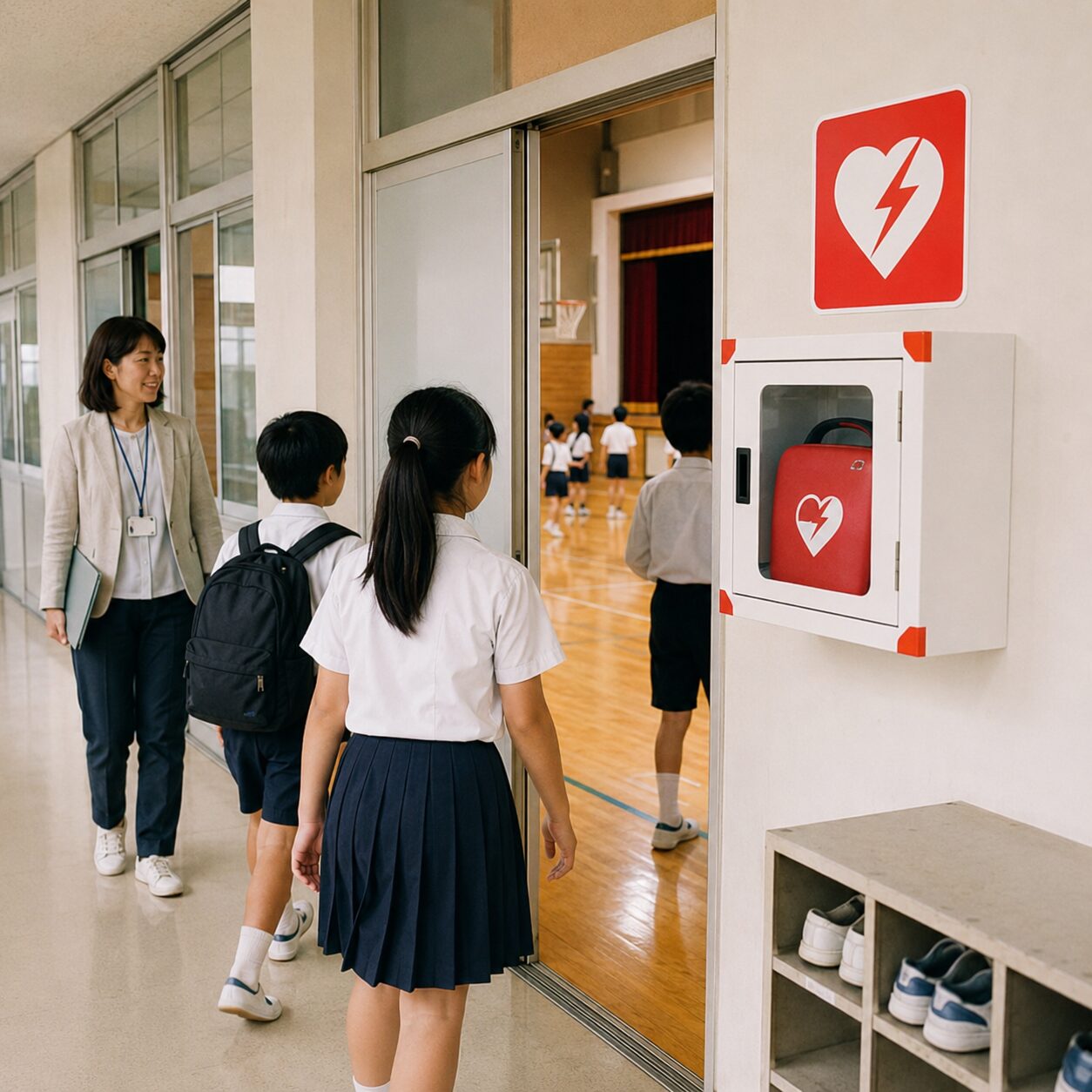 学校内に設置されたAEDと分かりやすい案内表示