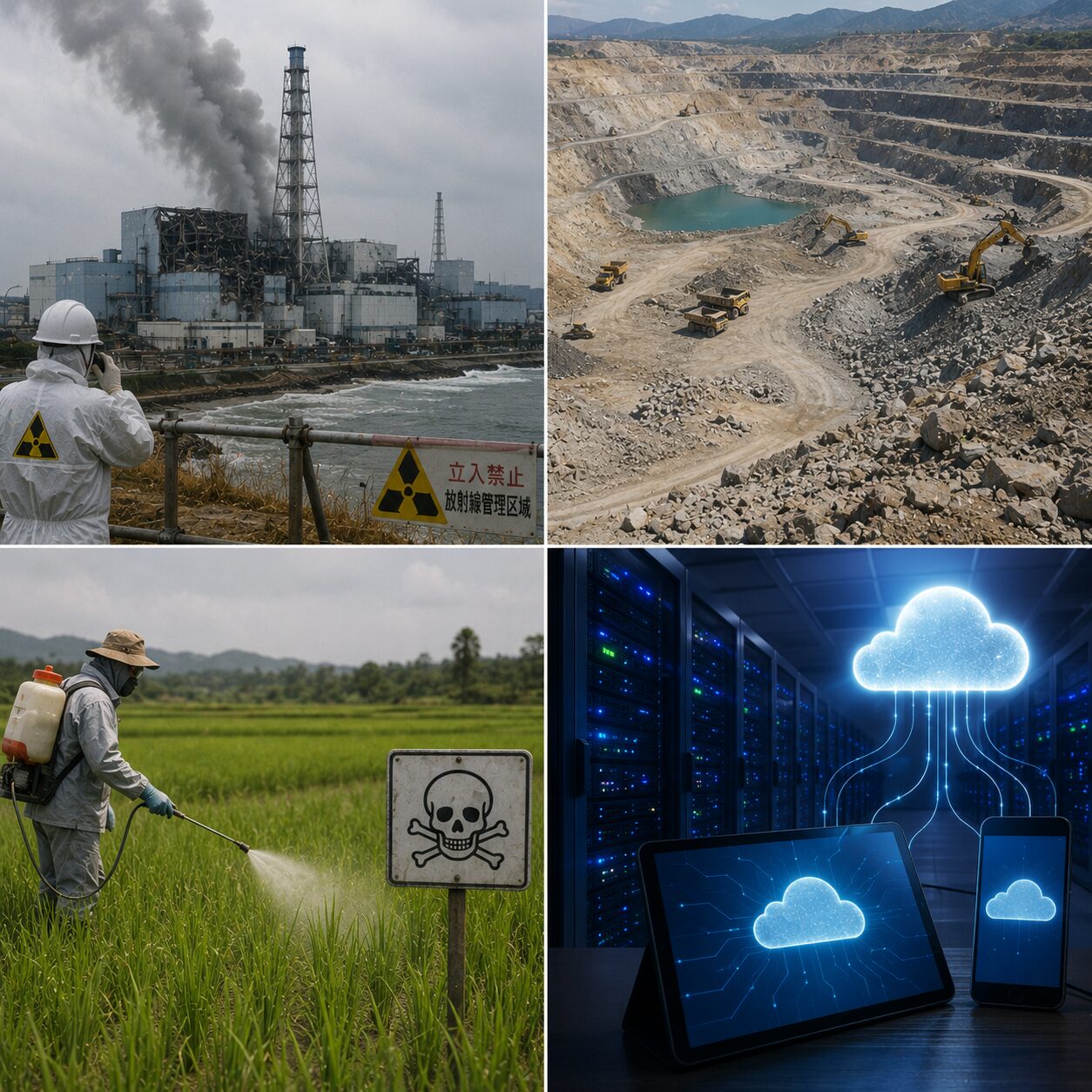 原発事故、レアアース採掘、農薬の過剰使用、クラウドによるエネルギー消費など現代社会の環境負荷を表したコラージュ画像