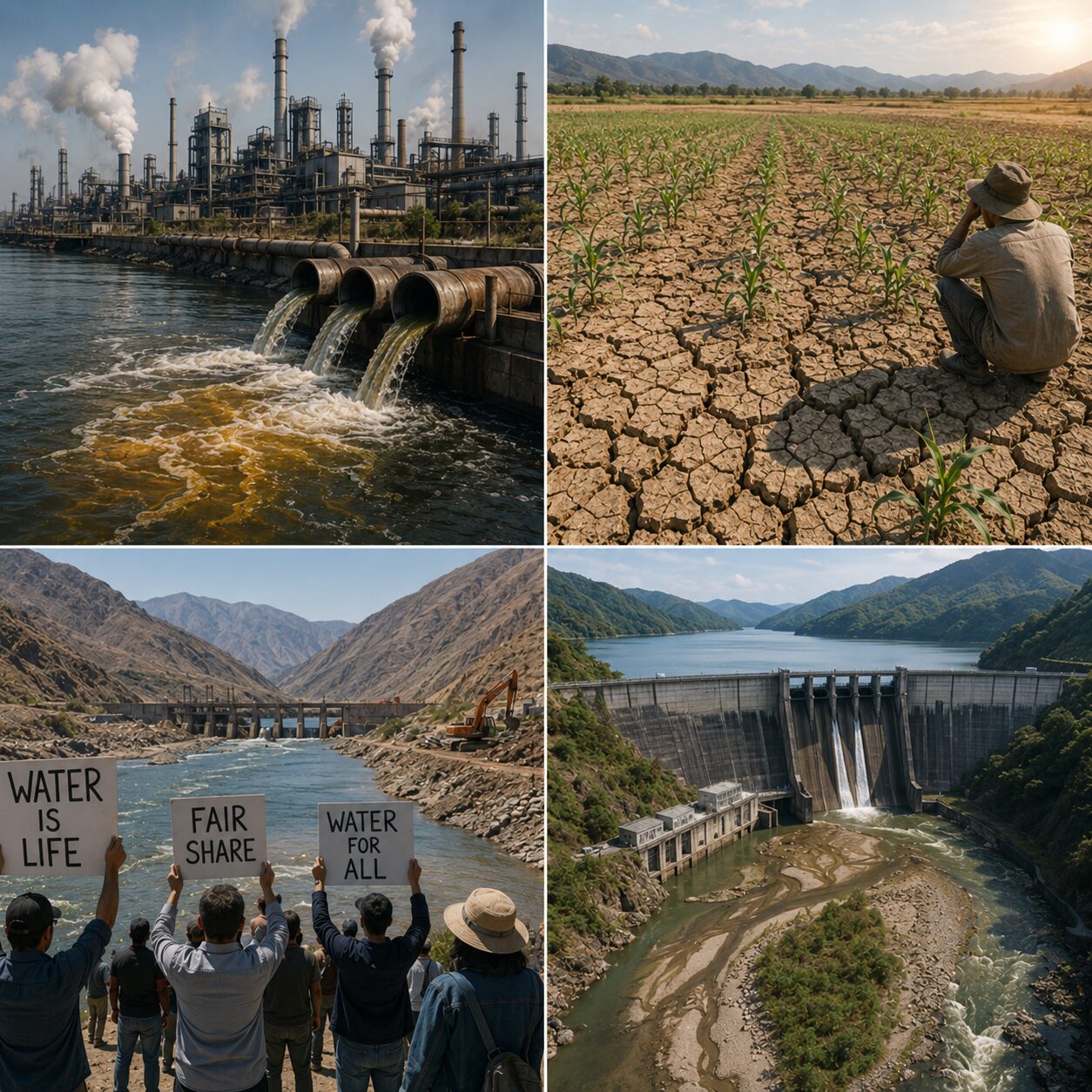 工業廃水、農業用水の不足、水紛争、ダム建設による水流変化など水資源問題を表したコラージュ画像