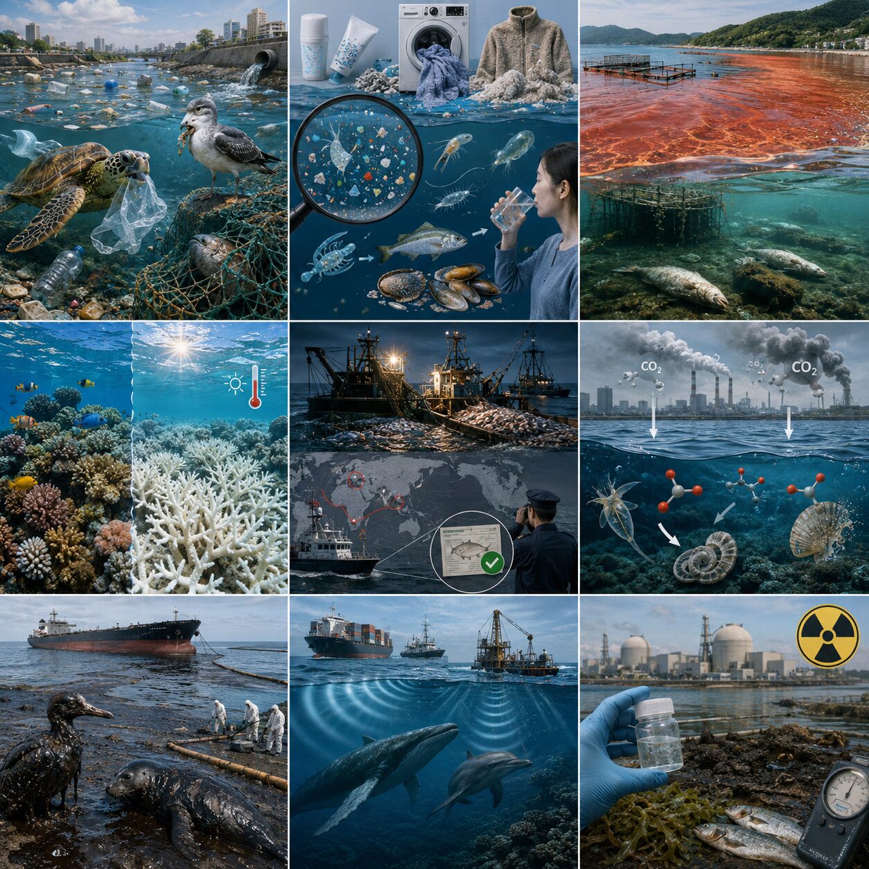 海洋プラスチックごみ、赤潮、サンゴ礁の白化、油流出事故など海の環境問題を表したコラージュ画像