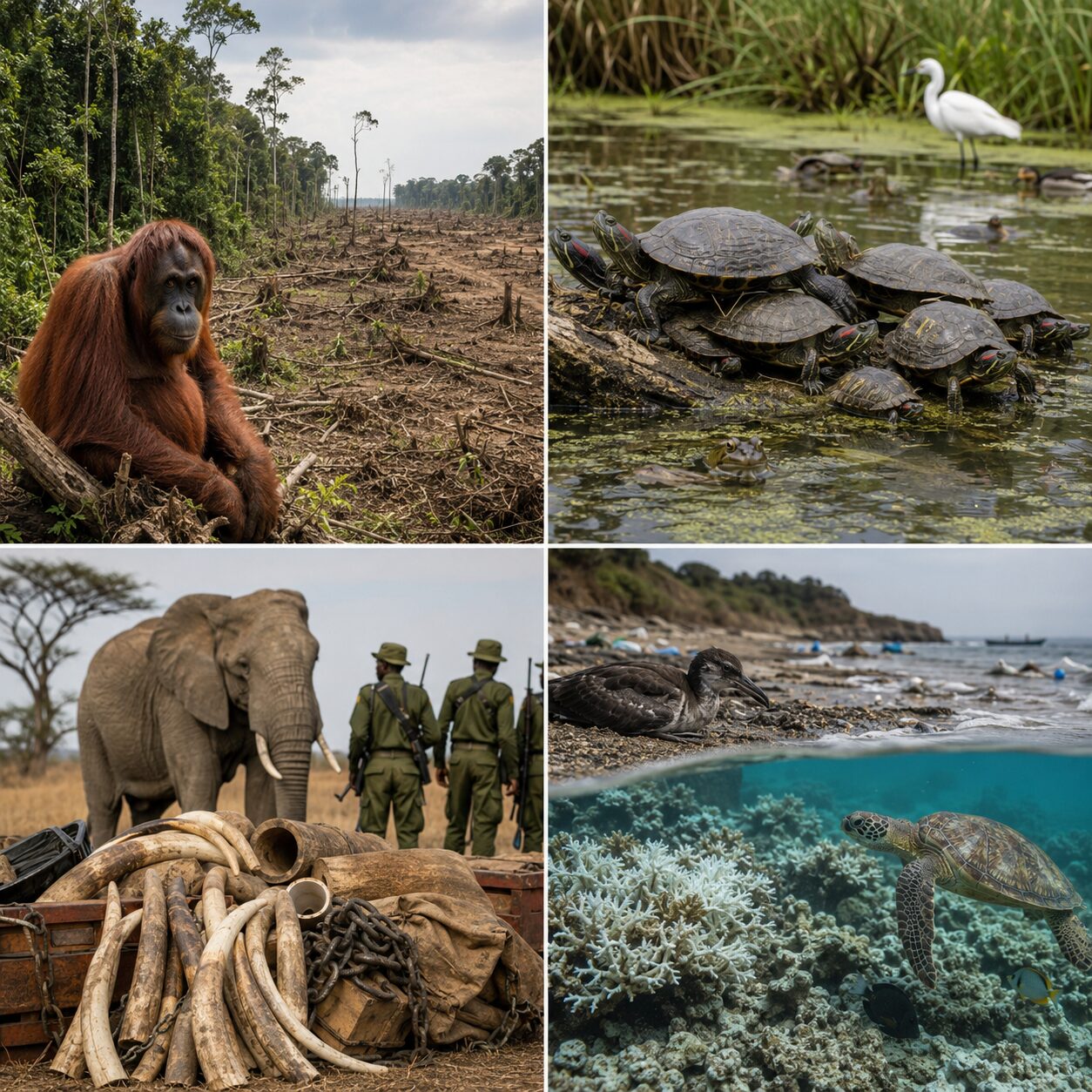 絶滅危惧種、外来種、密猟、生息地破壊など生物多様性の危機を表したコラージュ画像