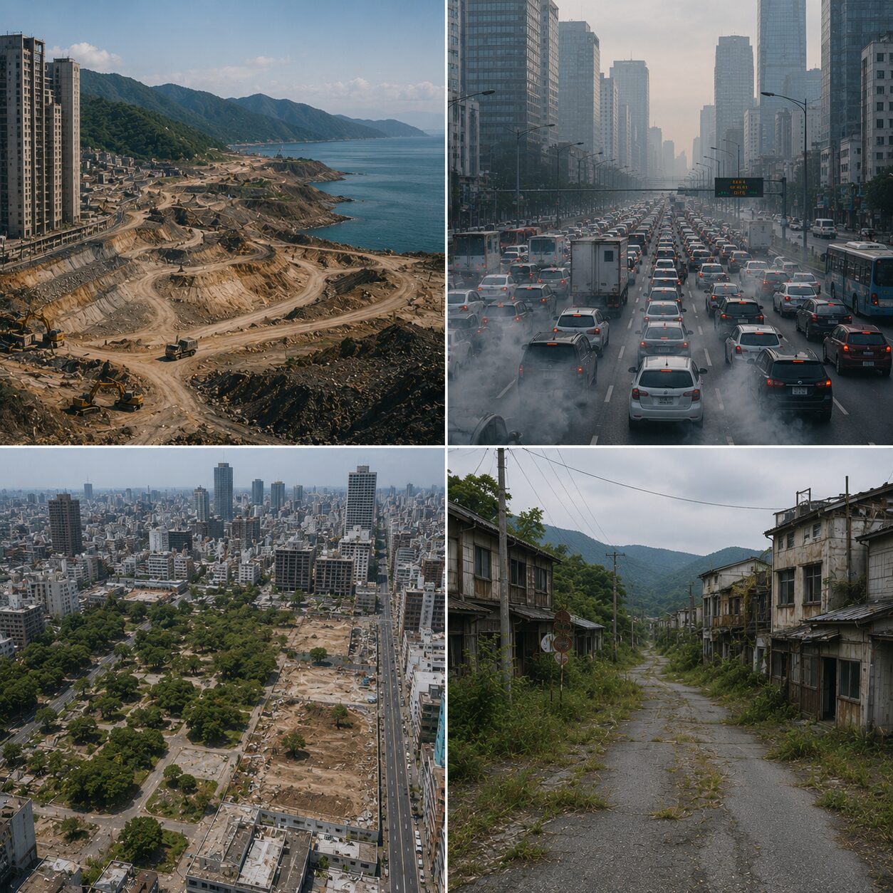 景観破壊、都市交通による環境負荷、都市緑地の減少、過疎化など都市と地域の環境問題を表したコラージュ画像