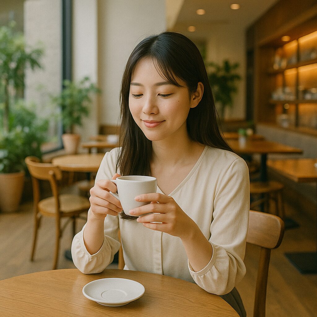 カフェでコーヒーを飲みくつろぐ女性