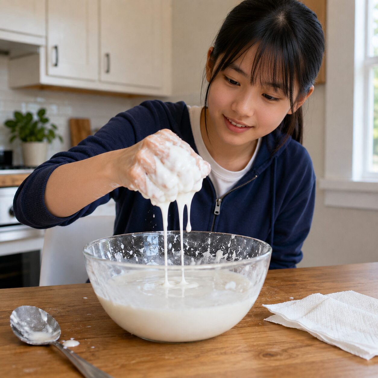 片栗粉と水を混ぜてダイラタンシー現象を観察する様子