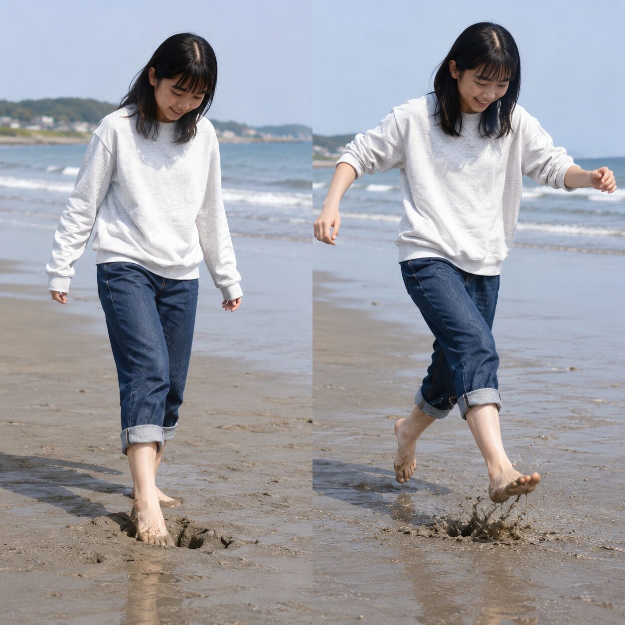 濡れた砂浜で足跡ができる様子