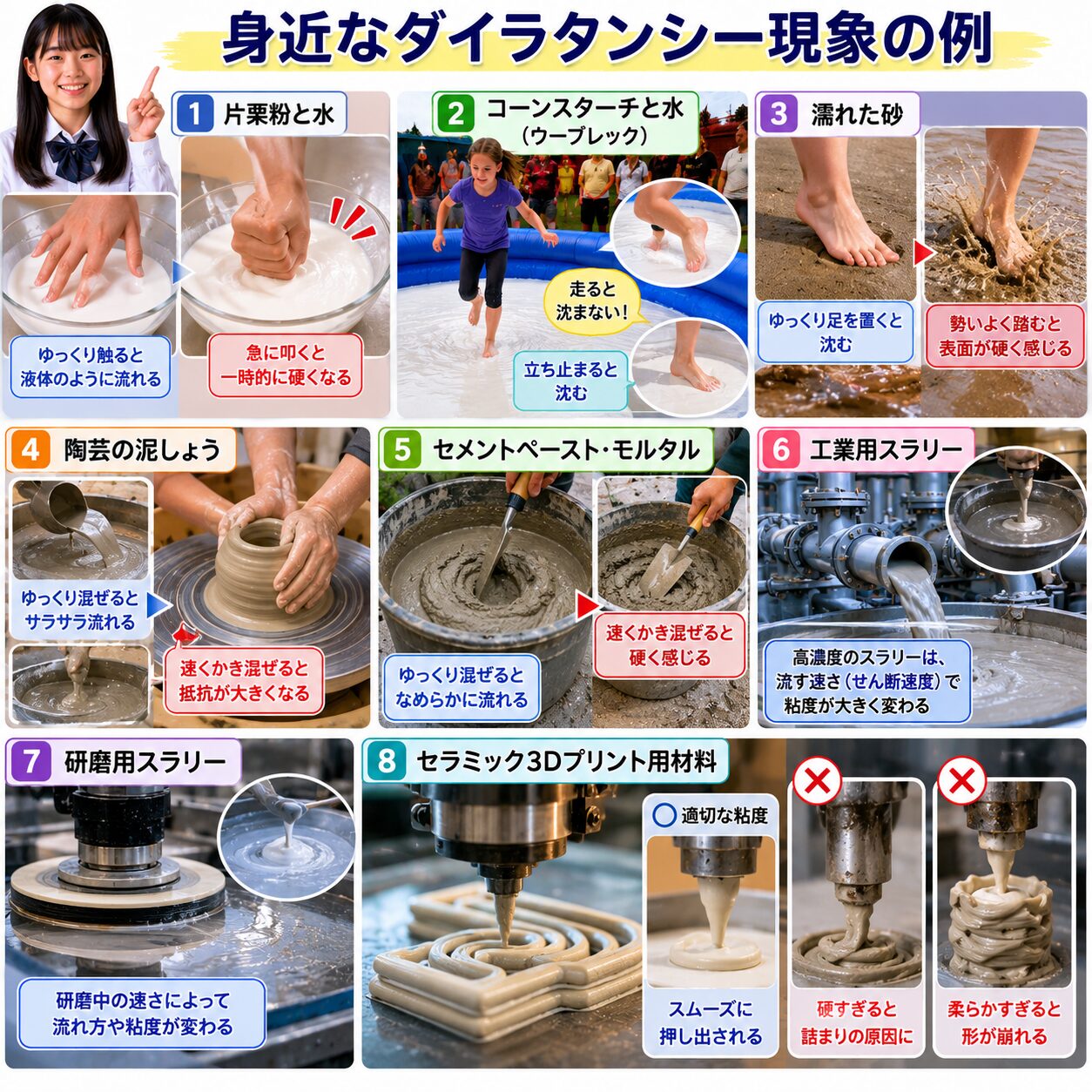 身近なダイラタンシー現象の例を示すイメージ