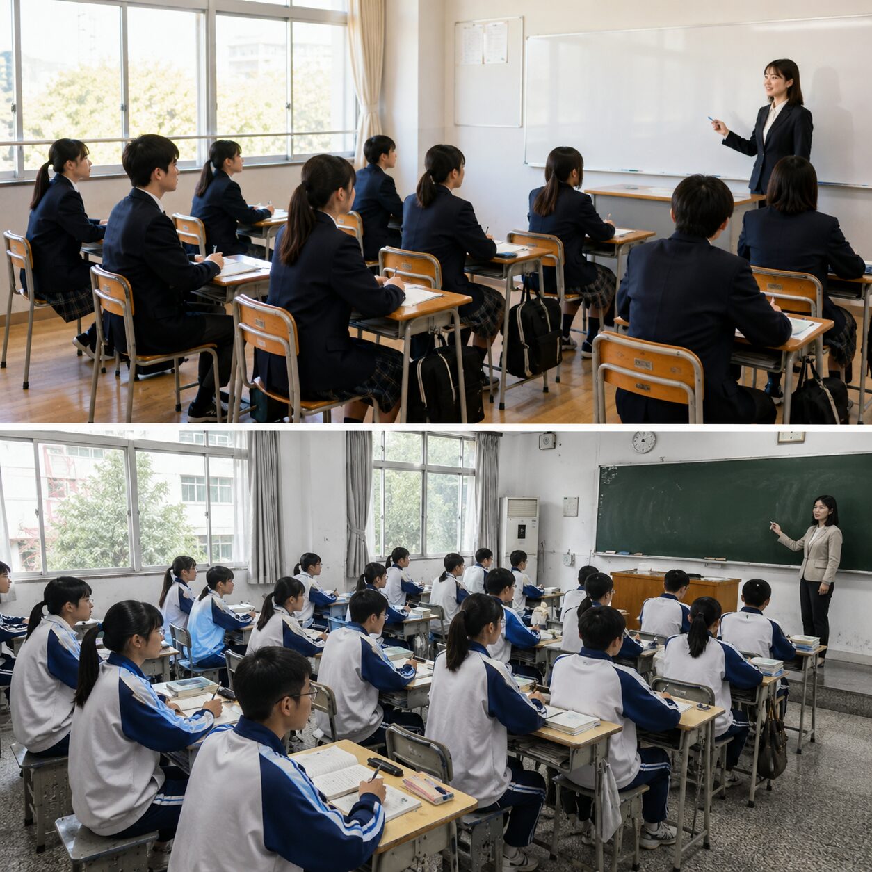 日本の学校と中国の学校の比較イメージ