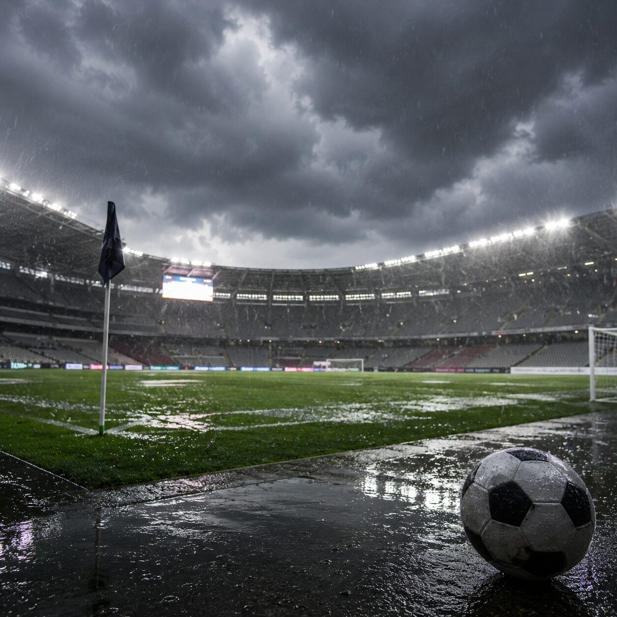 雷雨の中で中断する可能性があるサッカーの試合