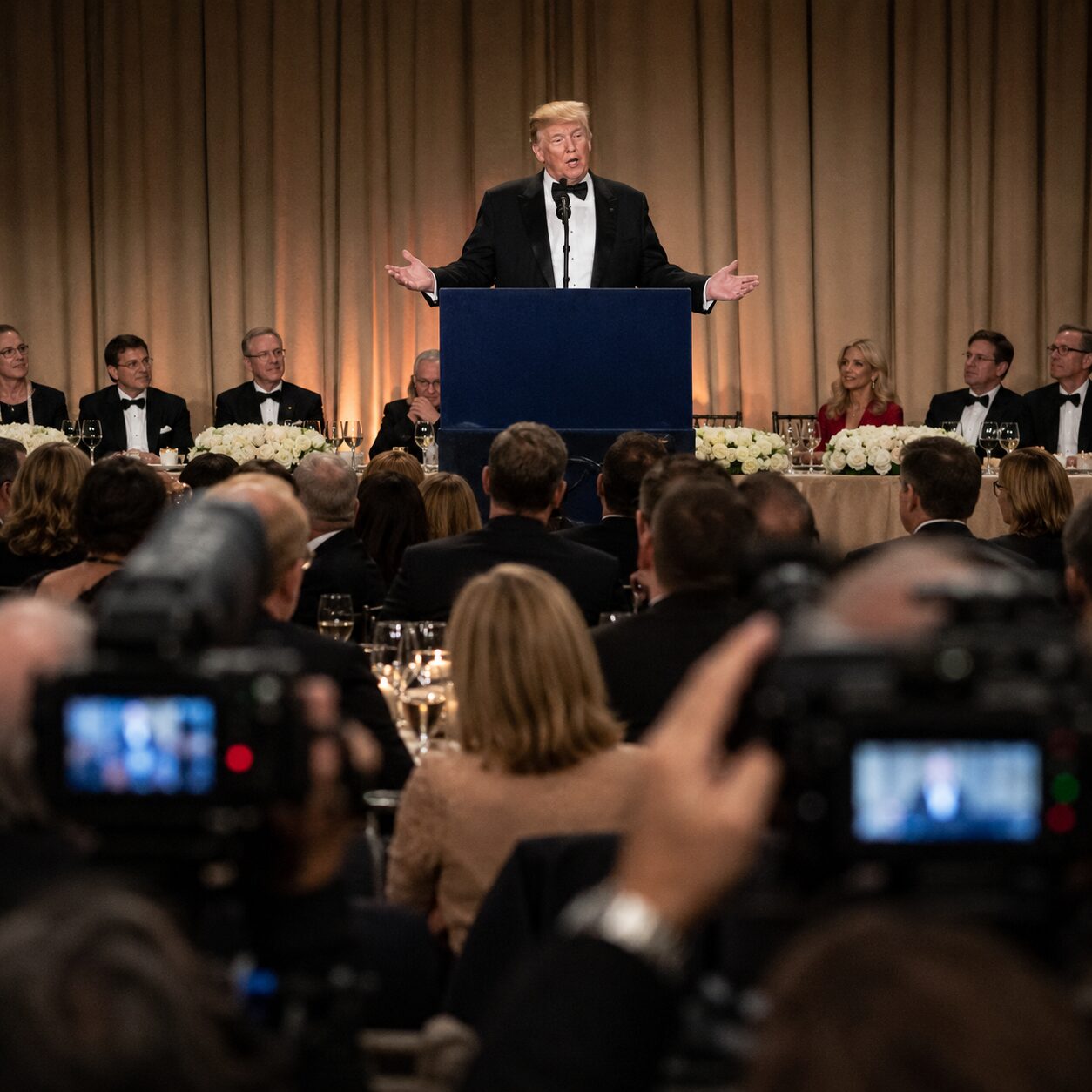 ホワイトハウス記者協会夕食会でスピーチするトランプ大統領