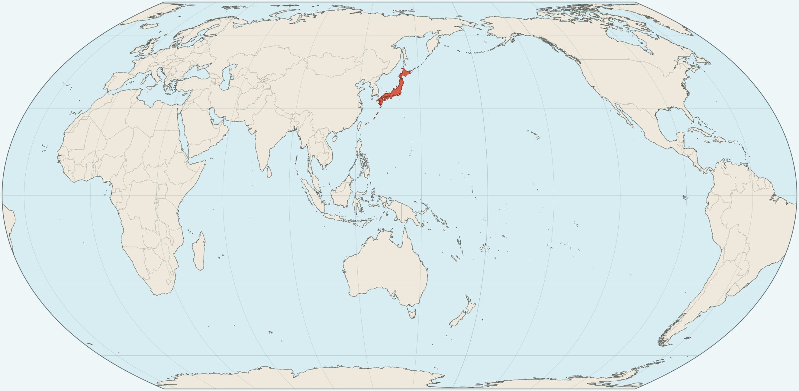 日本付近の経度を中央に配置し、日本を赤色で示したイコールアース図法の世界地図