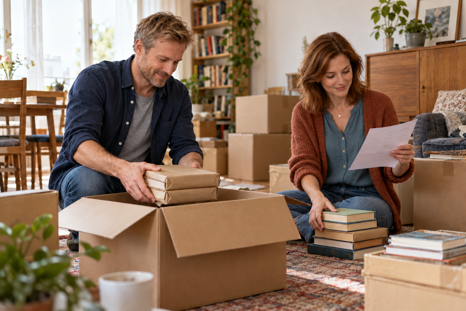 A European couple sorting books into a moving box and checking an inventory list