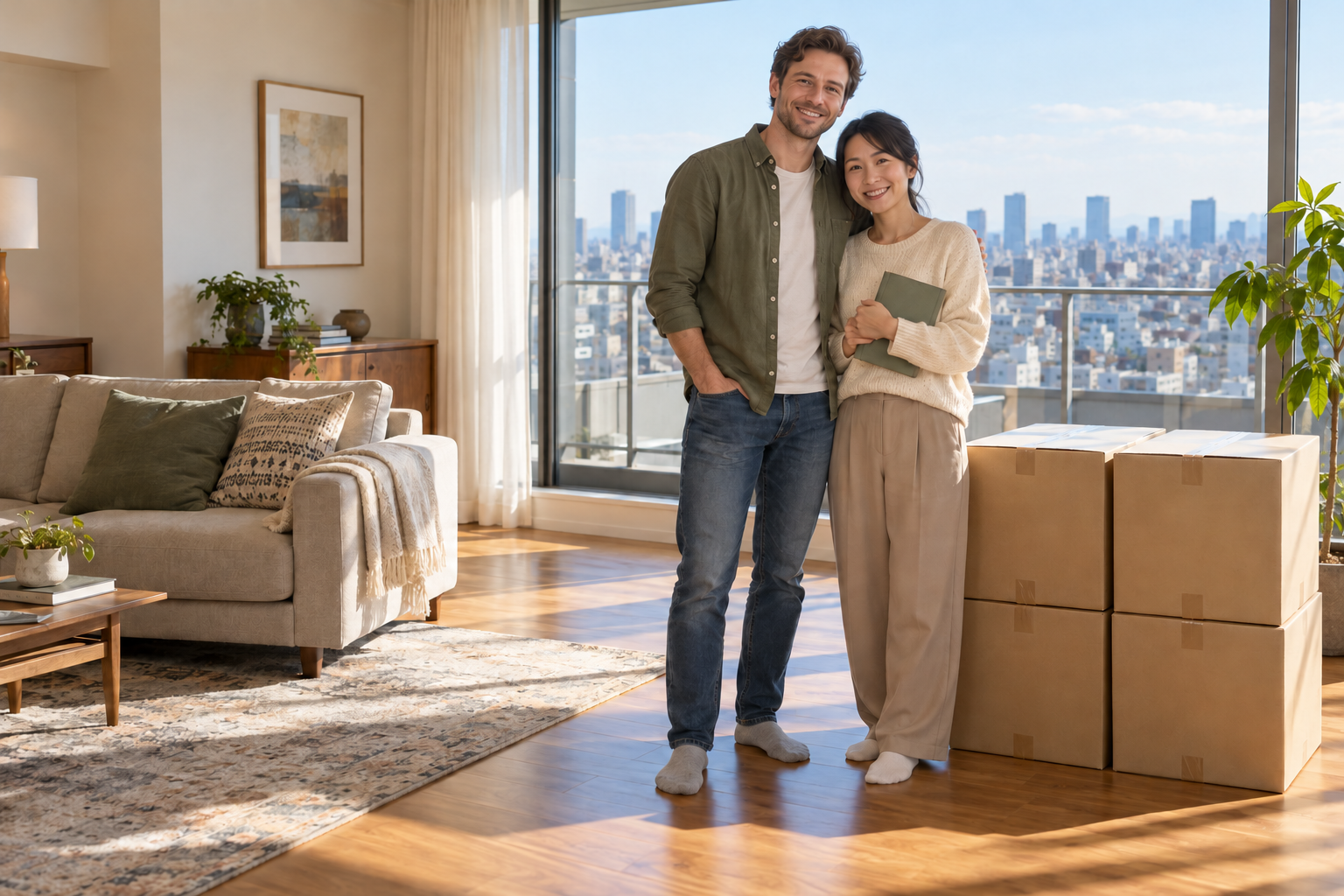 A couple preparing their belongings for an international move from Japan